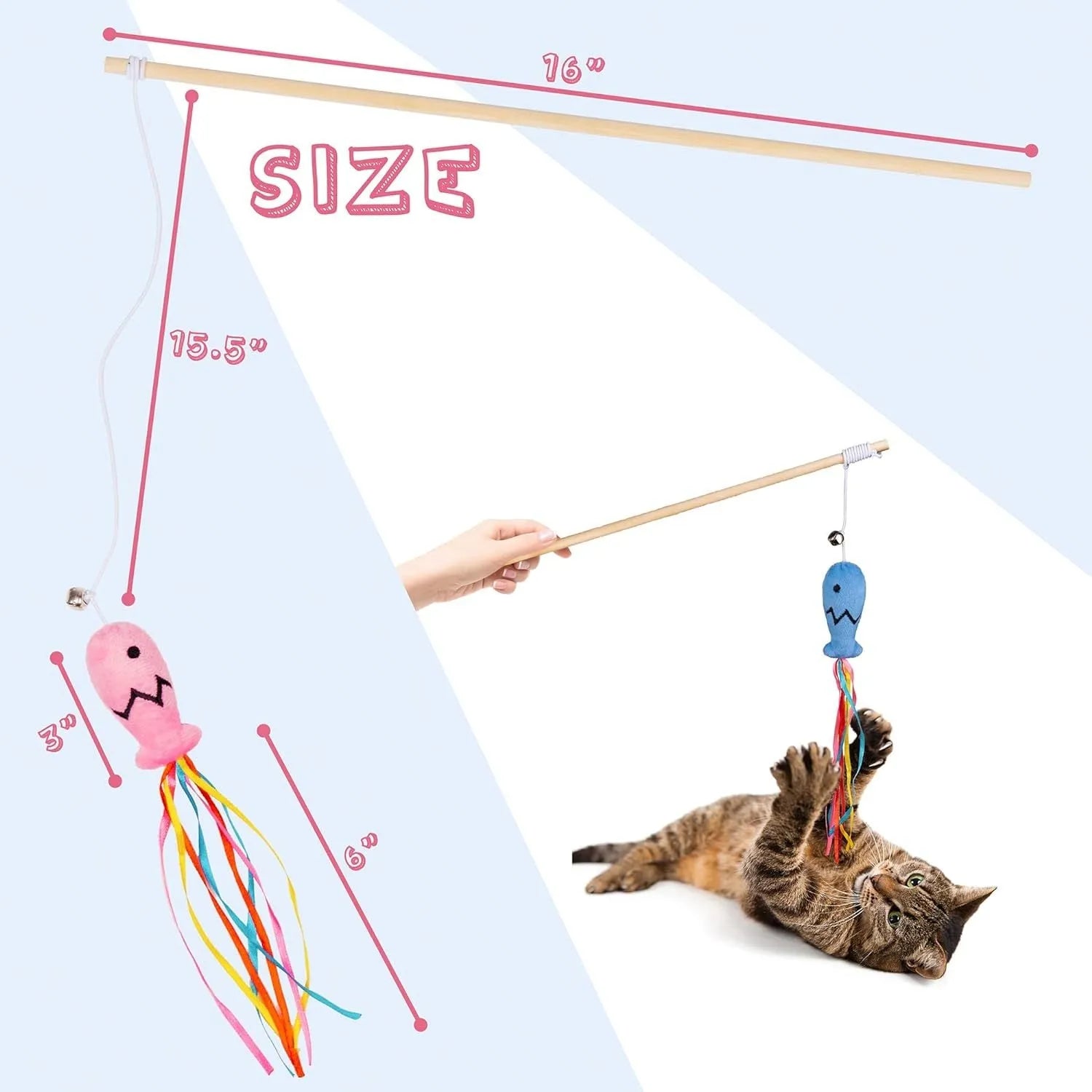 Interactive cat wand toy with wooden handle, colourful ribbons, catnip fish, and bell for indoor cat play