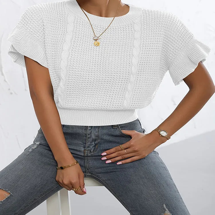 Knitted pullover sweater with twisted string ruffled short sleeves and round neck in loose casual style