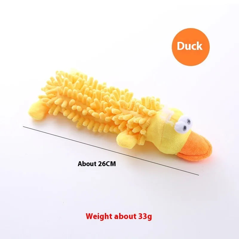 Plush microfibre dog toy with horse molar texture in various animal designs including brown dog and yellow duck