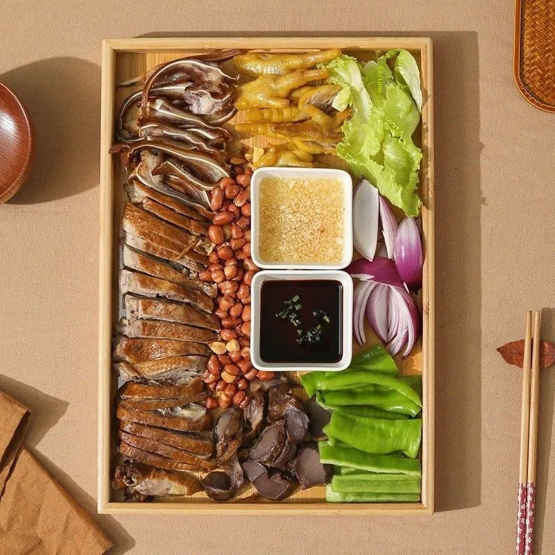 Brown-handled bamboo serving tray in square shape for barbecue shops and hotels.