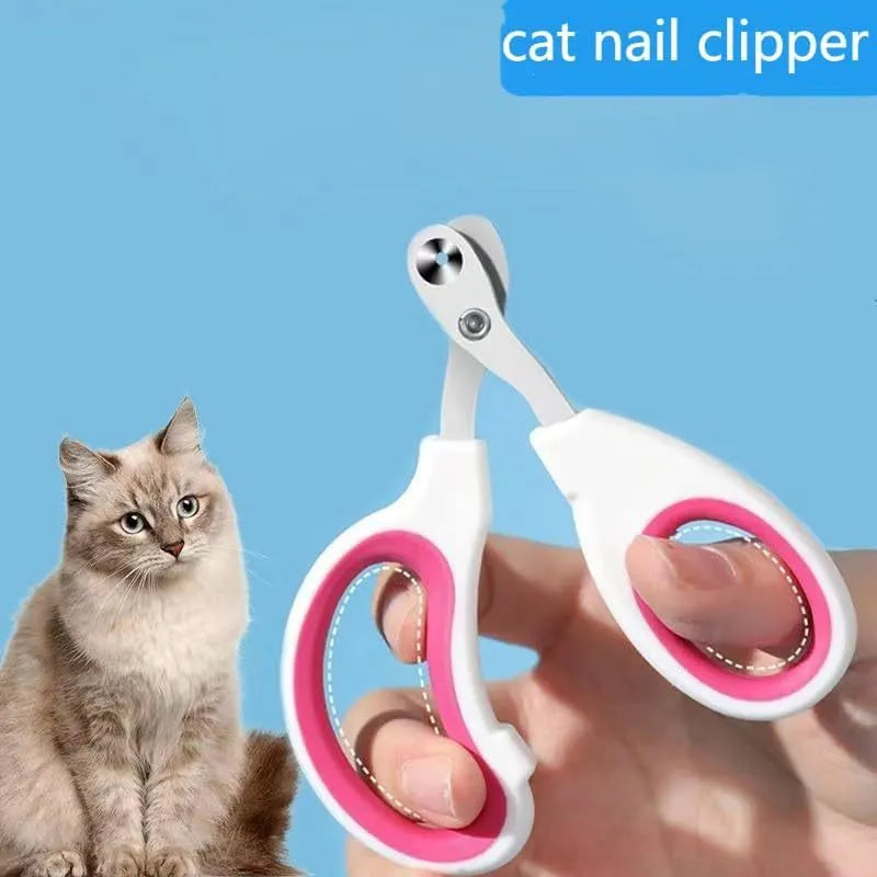 Blue pet nail clippers with a circular cutting hole and cushioned non-slip handle.