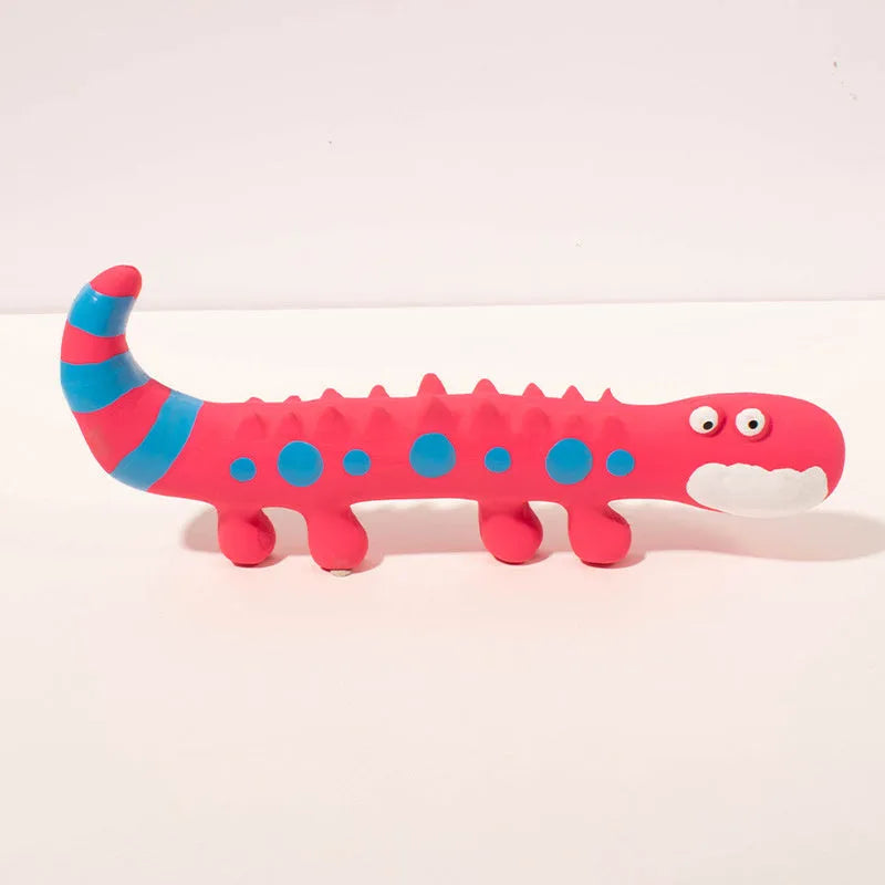 Green lizard-shaped dog chew toy with squeaker on a white background.