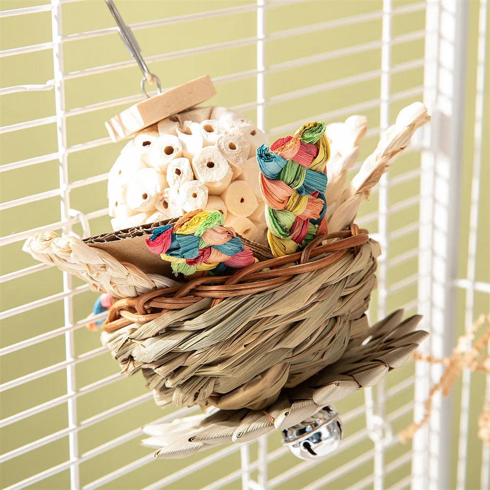 Parrot gnawing toy with three natural wooden blocks on cotton rope for medium to large birds