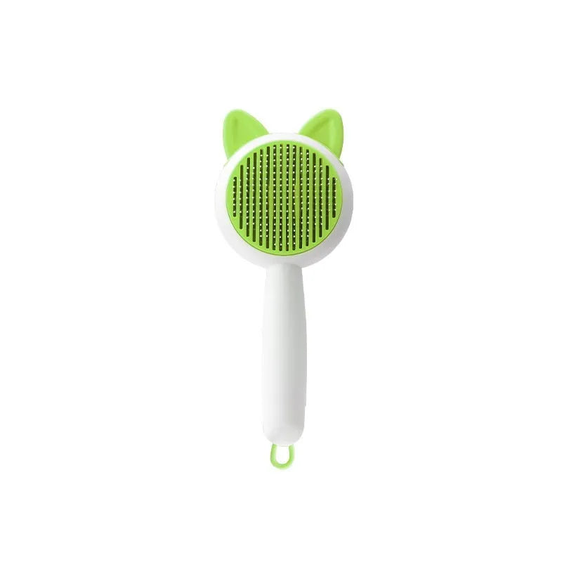 Self-cleaning cat grooming brush with stainless steel teeth and TPR massage nodes in two-tone colours