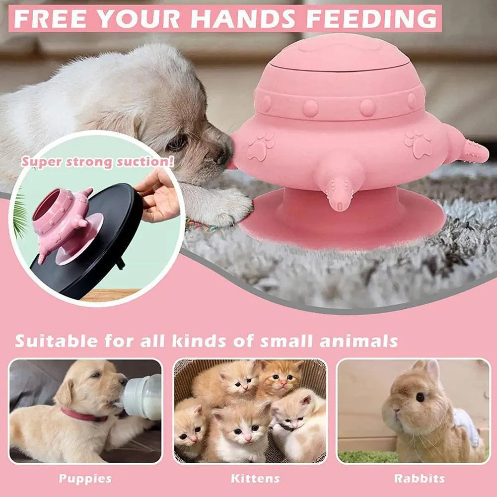 Pink silicone pet nursing milk bowl with four pacifiers and flat base for puppy or kitten feeding