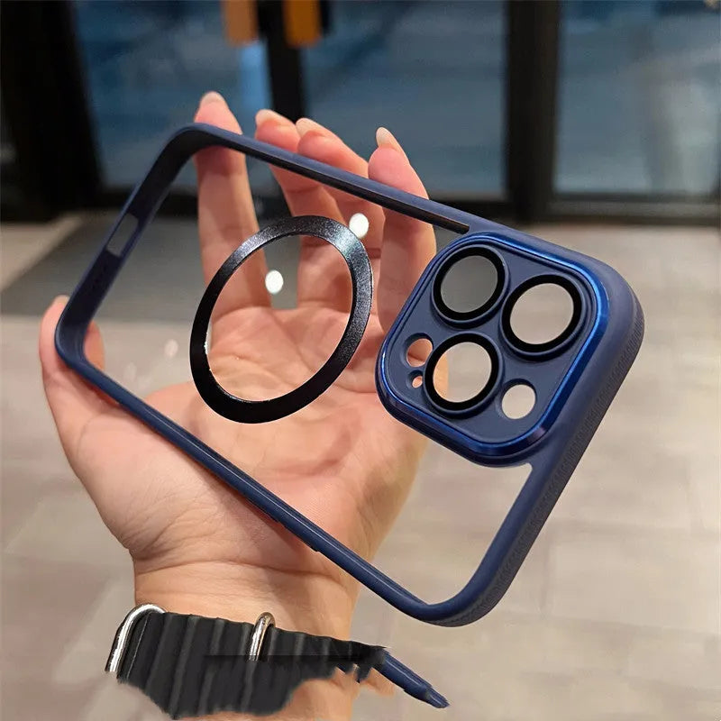 Creative Acrylic HD phone case for iPhone showing magnetic feature and clear hard shell in black colour