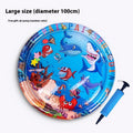 Inflatable PVC pet cooling water bed in aquatic designs, shown in 100cm and 65cm sizes.