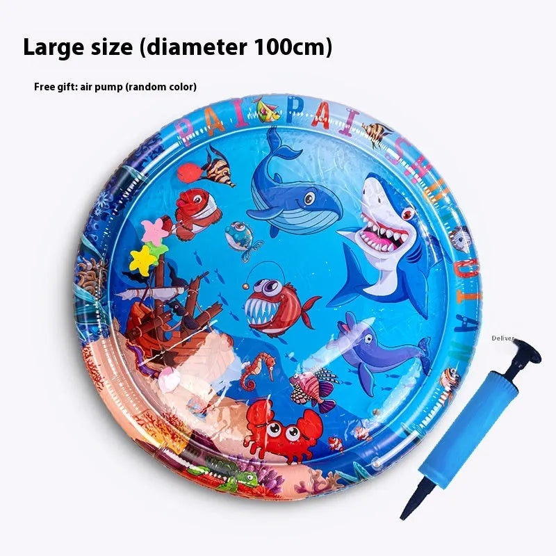 Inflatable PVC pet cooling water bed in aquatic designs, shown in 100cm and 65cm sizes.