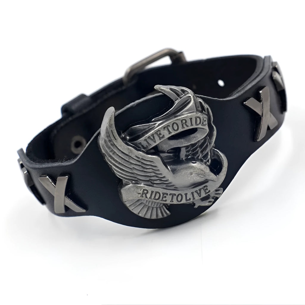 Black geometric leather bracelet with eagle watch-button clasp showing tapered width from 3.8cm to 1.7cm