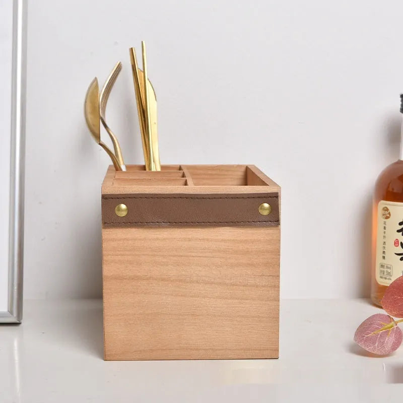 Wooden kitchen storage box with internal dividers for organising knives, forks and chopsticks