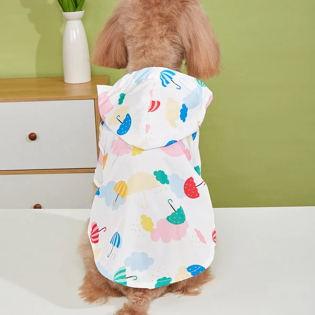 Colourful cartoon umbrella pattern dog raincoat in polyester material, shown in size L.