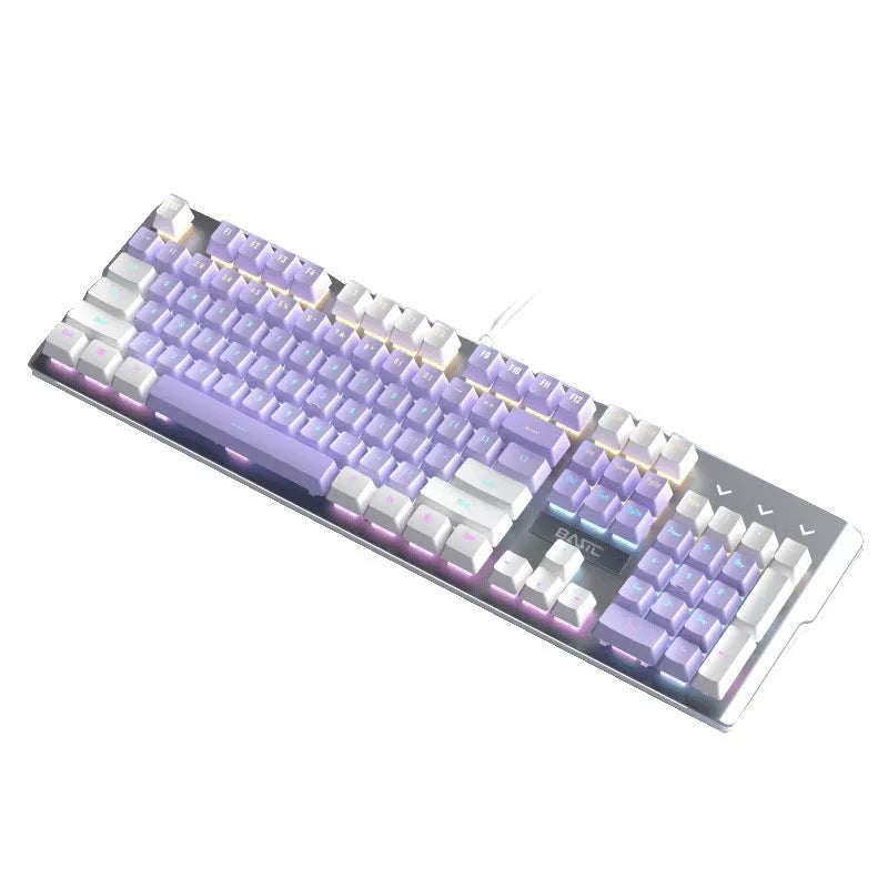 Purple mechanical keyboard and mouse wired set with white accents and mixed backlighting