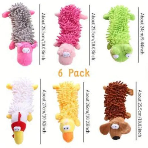 Plush microfibre dog toy with horse molar texture in various animal designs including brown dog and yellow duck