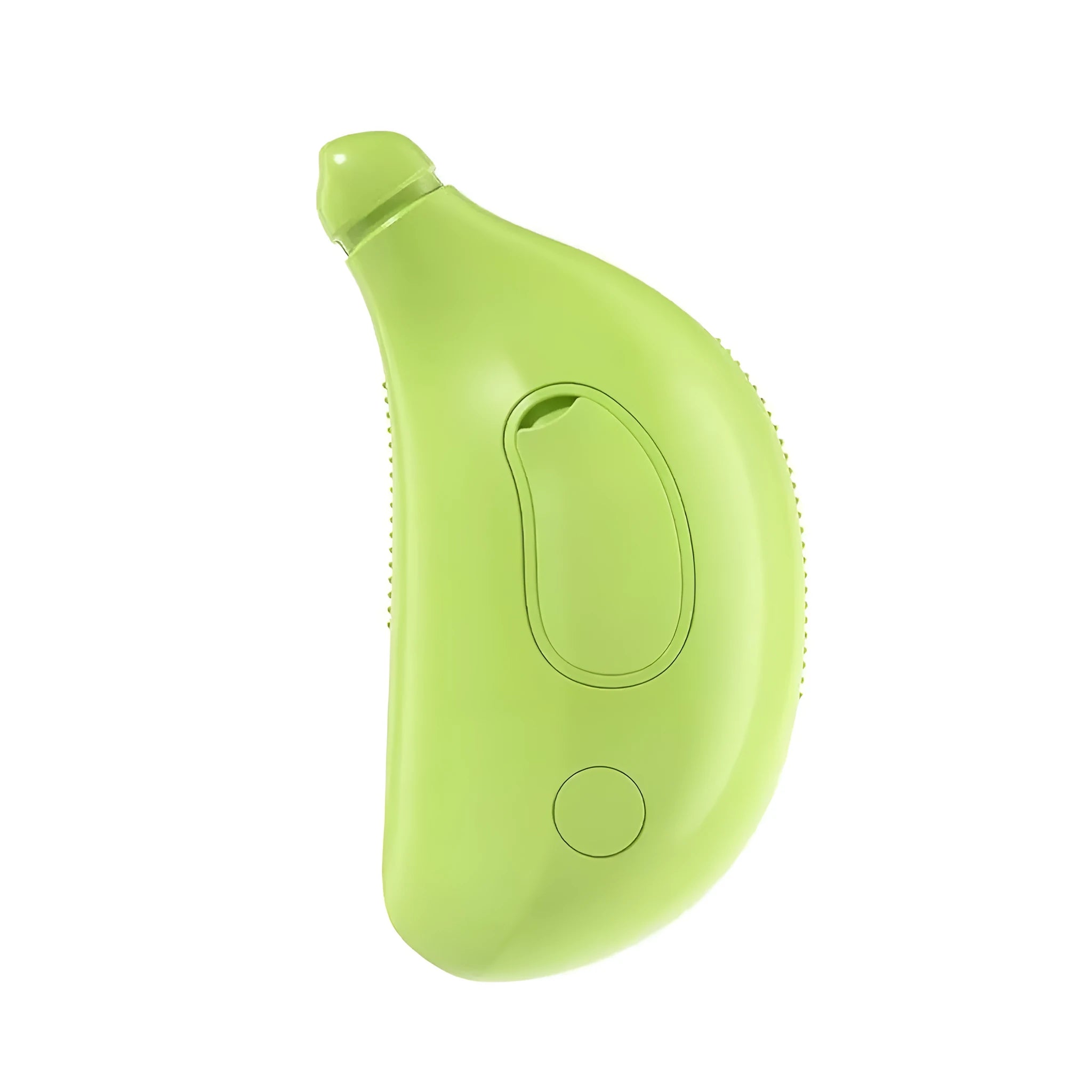 Green rechargeable cat steam brush with silicone teeth showing cat paw-shaped ends and compact 10x6.5cm design