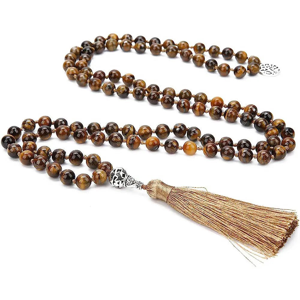 Handmade knotted necklace with 108 natural stone beads and pendant on 81cm chain