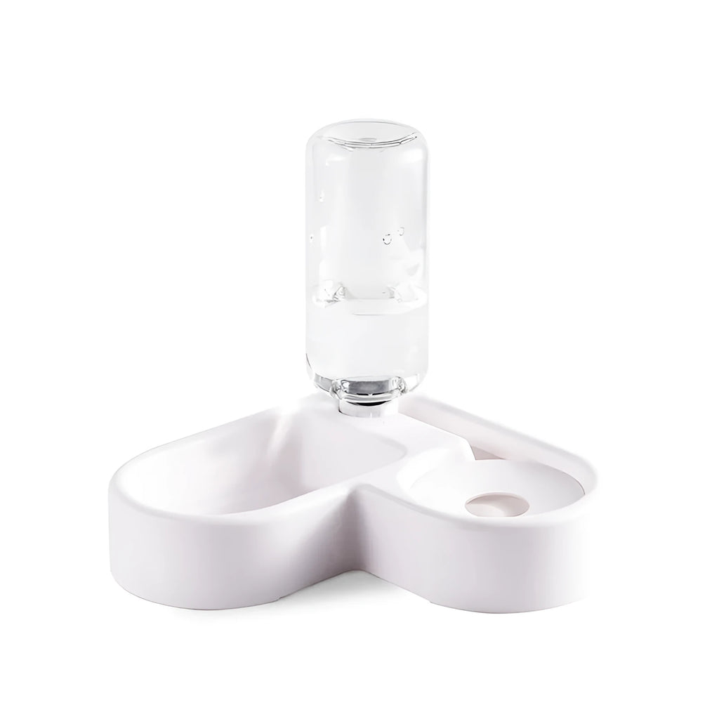 White cat water fountain with food-grade bowl and quiet submersible pump, showing 1.8 L capacity.