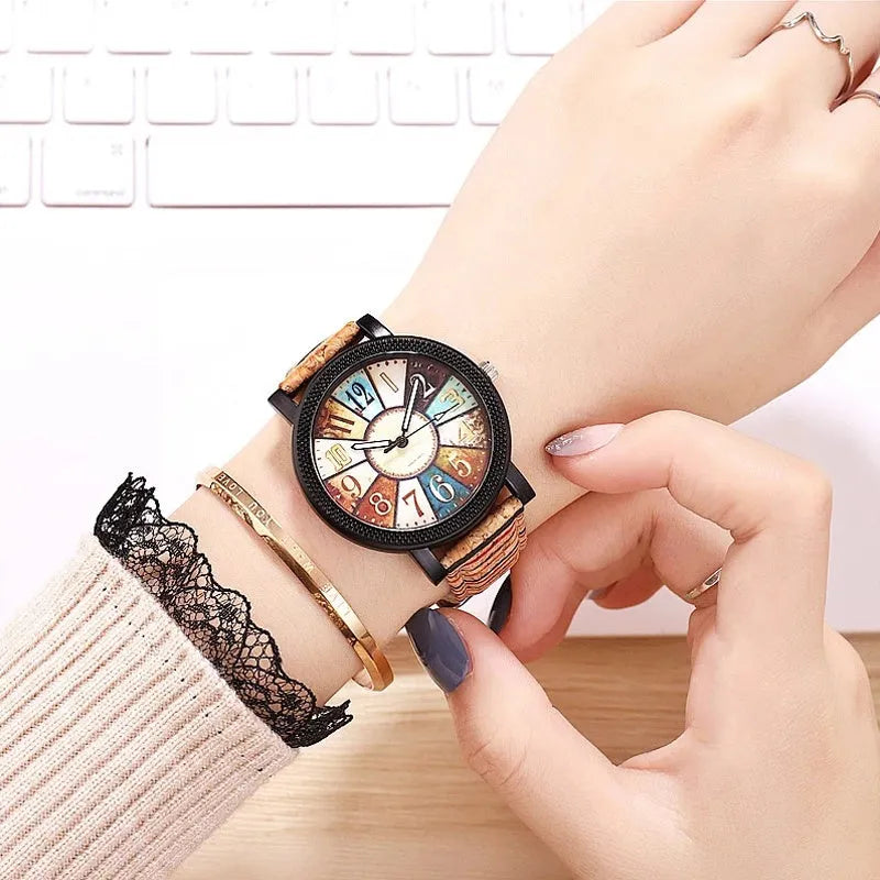 Women's vintage leather quartz watch with round 37mm dial and stainless steel buckle