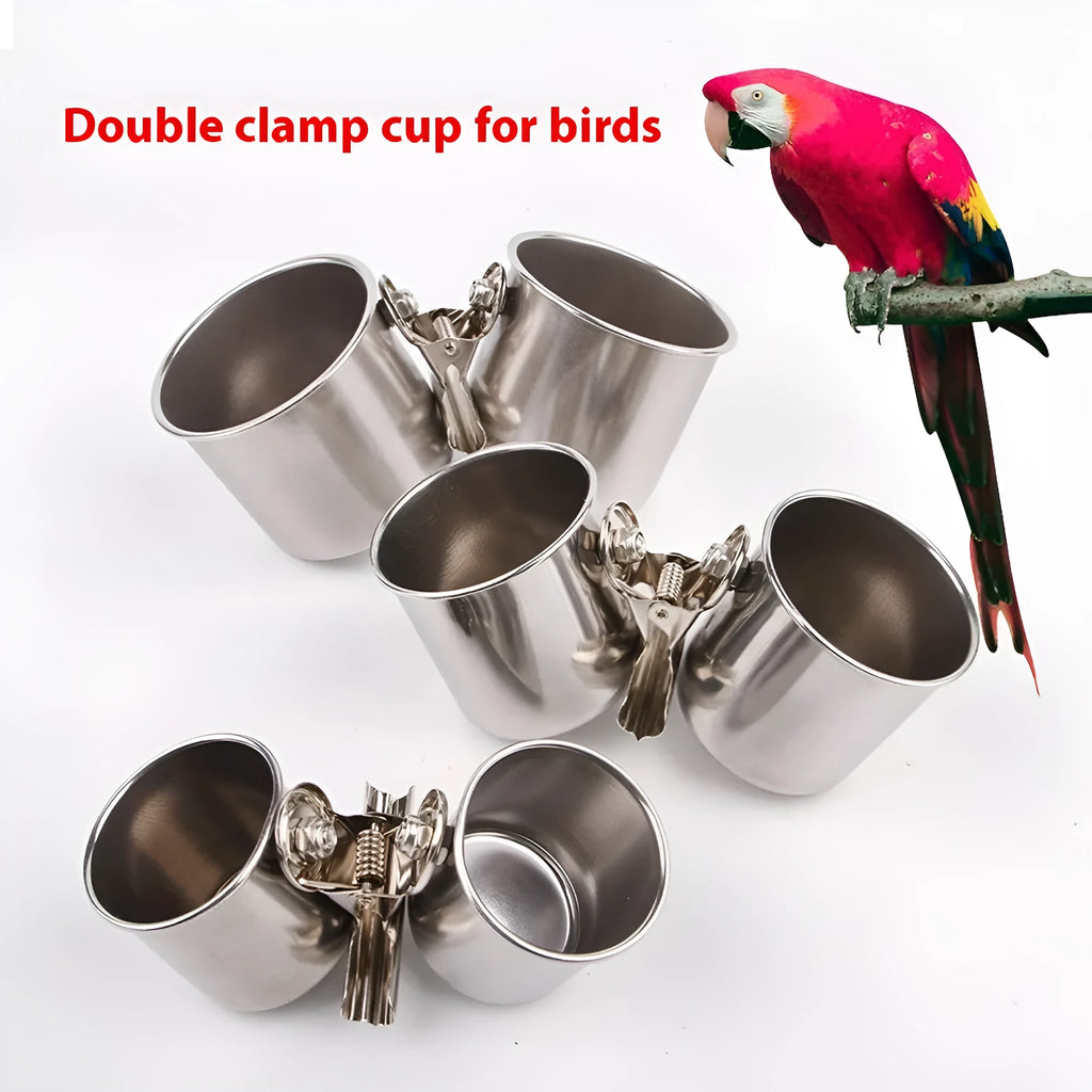 Stainless steel bird feeder outdoor food container in natural metallic colour.