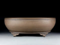 Handmade large oval purple sand flowerpot for plants on a desktop.