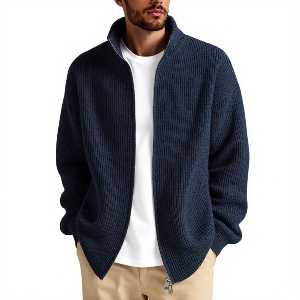 Loose men's cardigan sweater coat in acrylic blend, shown in milky white colour