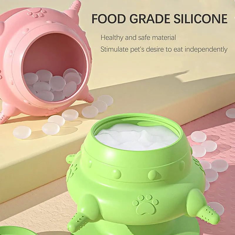 Pink silicone pet nursing milk bowl with four pacifiers and flat base for puppy or kitten feeding