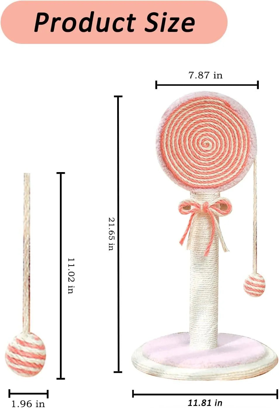 Blue sisal rope cat scratching post with a hanging ball on a sturdy wooden base.