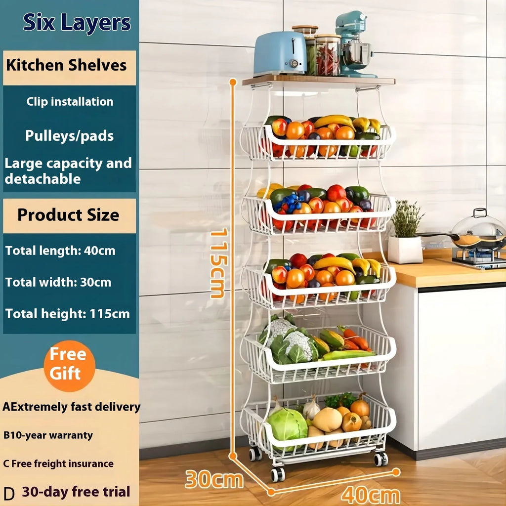 Black six-layer foldable kitchen storage rack with carbon steel frame on castors