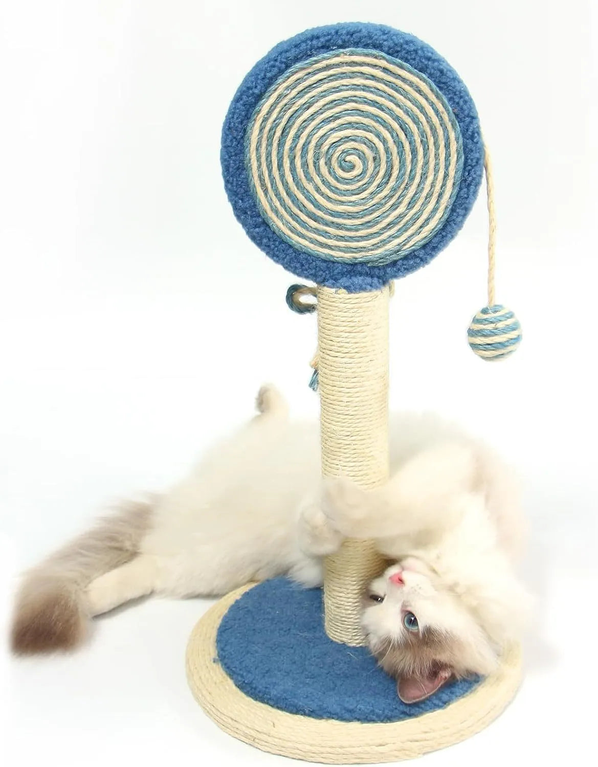 Blue sisal rope cat scratching post with a hanging ball on a sturdy wooden base.