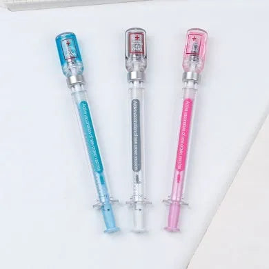 Vaccine themed gel pen with plastic cap, black 0.5mm refill, showing 15.7cm length.