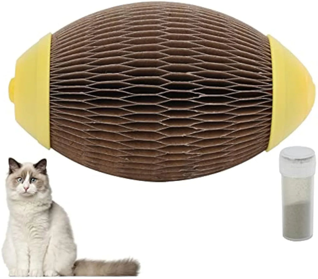 Elliptical corrugated paper catnip scratch ball toy on a plain surface.