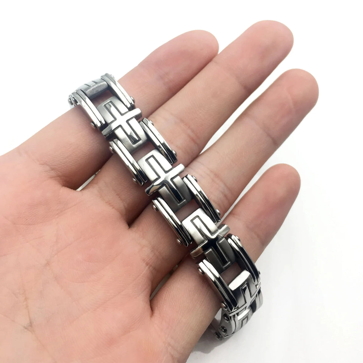 Classic segment men's titanium steel bracelet polished steel colour geometric shape
