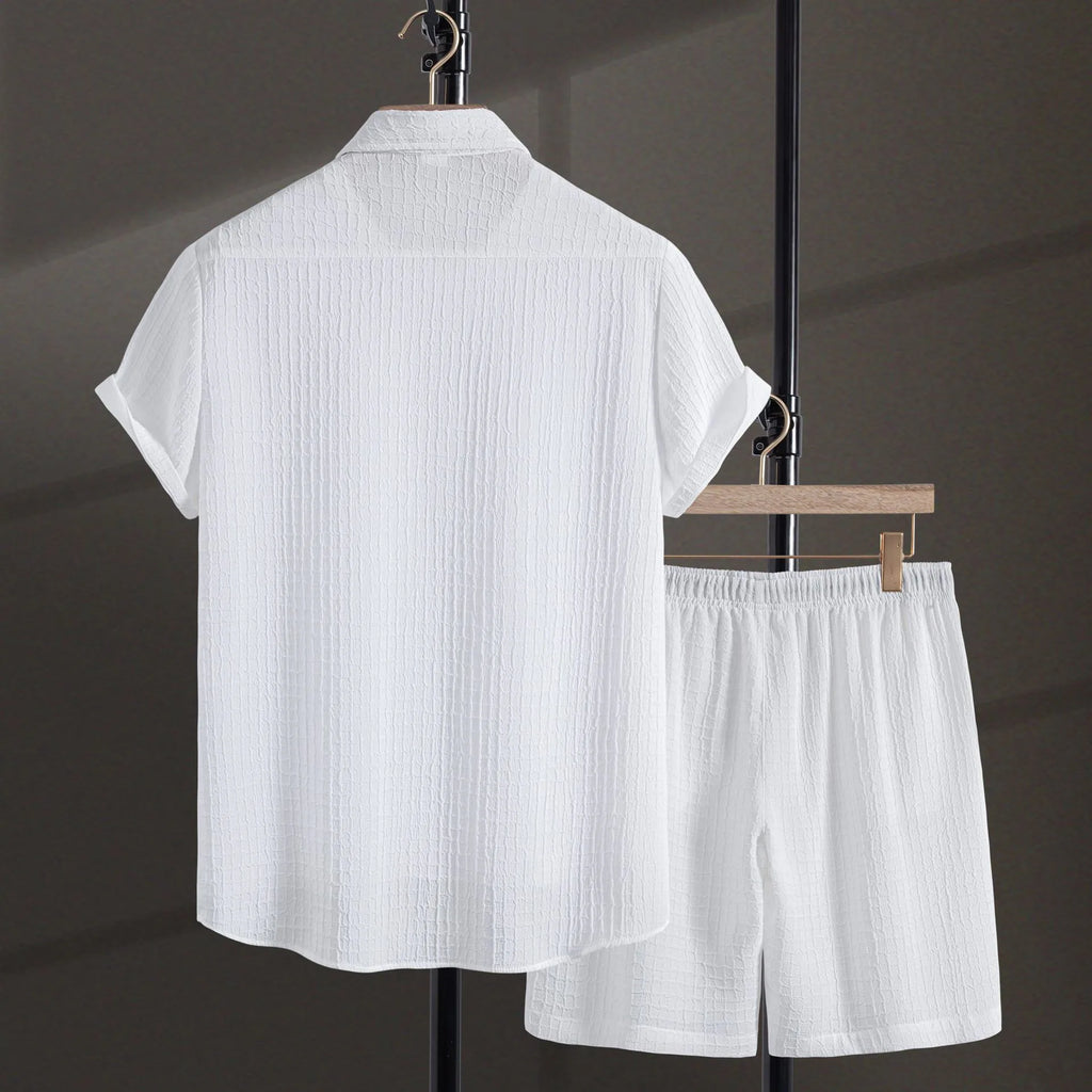 Men's white jacquard fabric short sleeve shirt and matching shorts casual set