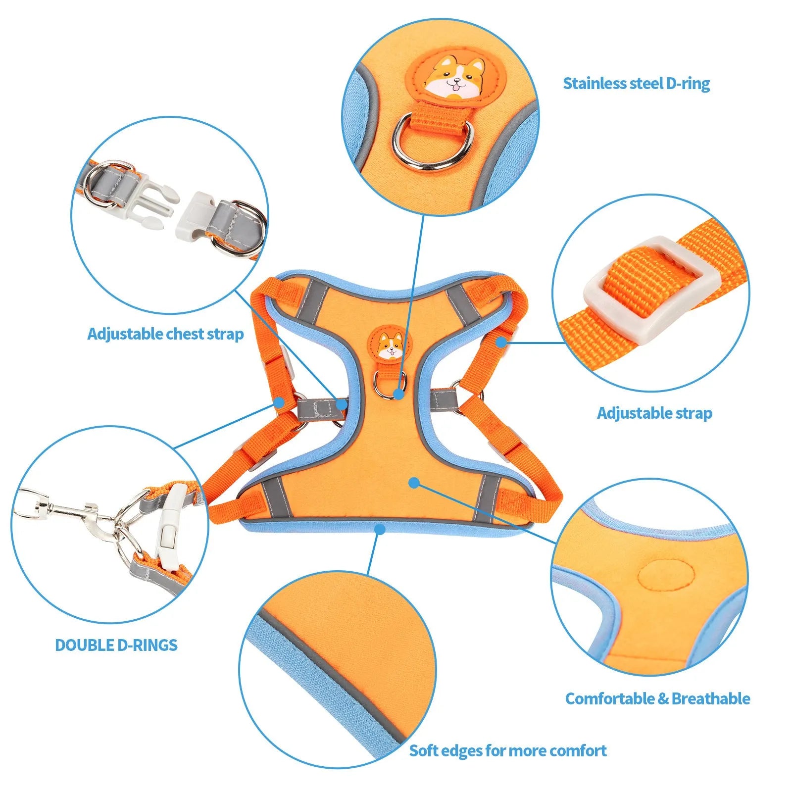 Adjustable dog haulage rope harness in multiple colours on a chest strap, showing S M L XL sizes.