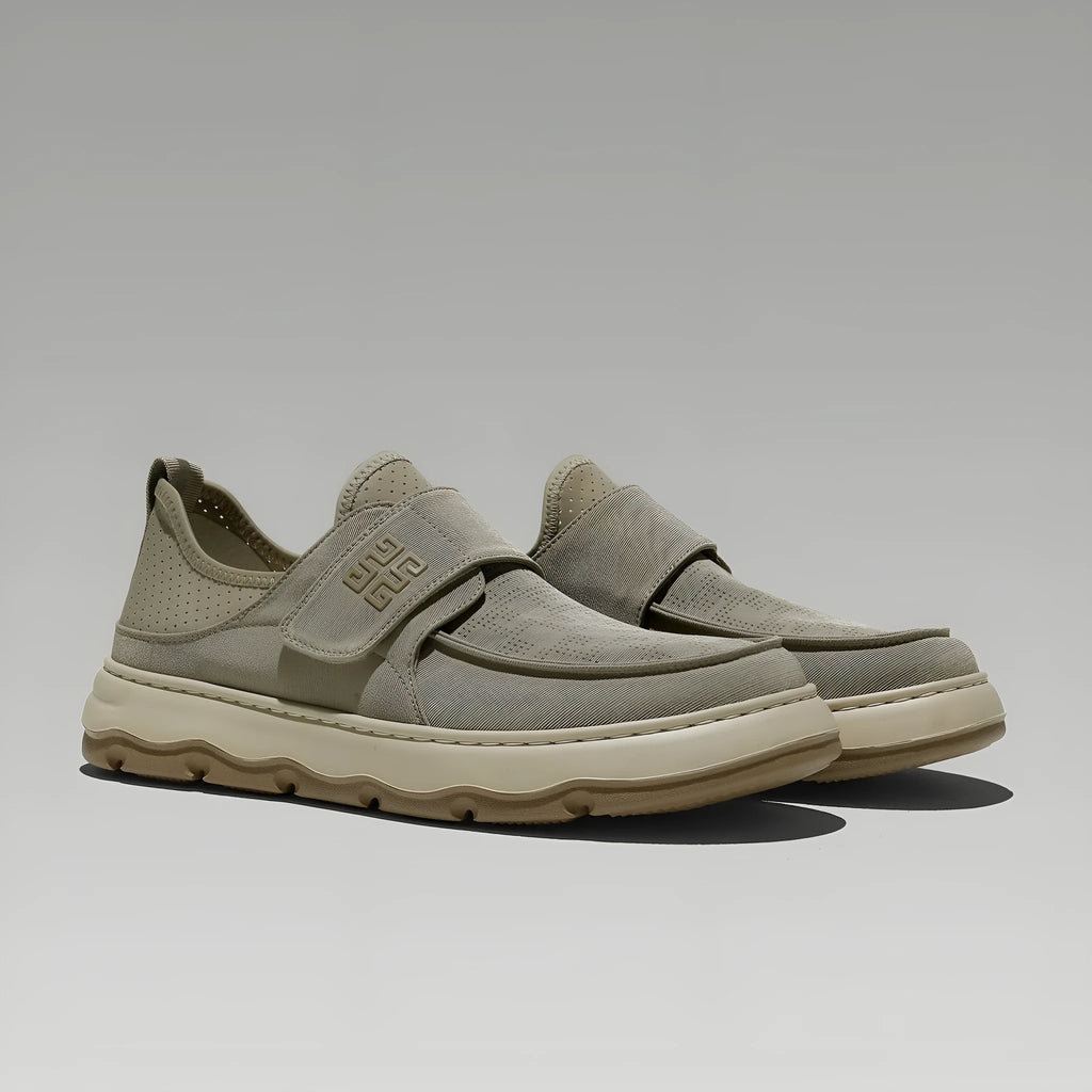 Men's breathable perforated fabric casual shoes in khaki green with Velcro closure and round toe