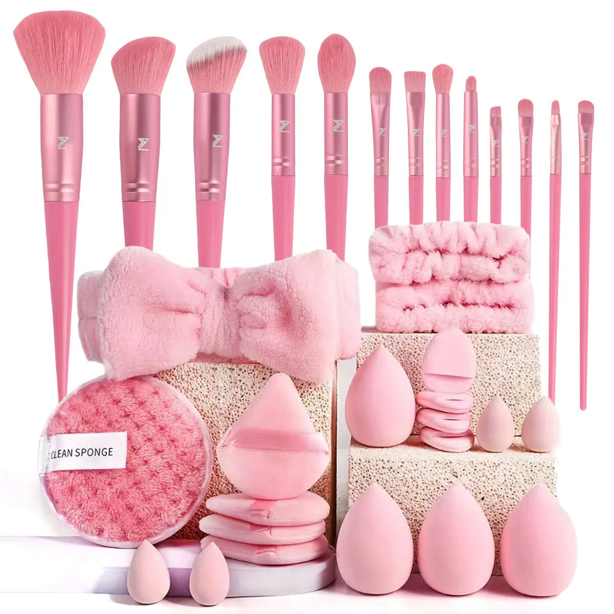 40-piece beauty tools set with hydrophilic non-latex face wash and makeup tools in brown, pink and purple colour options