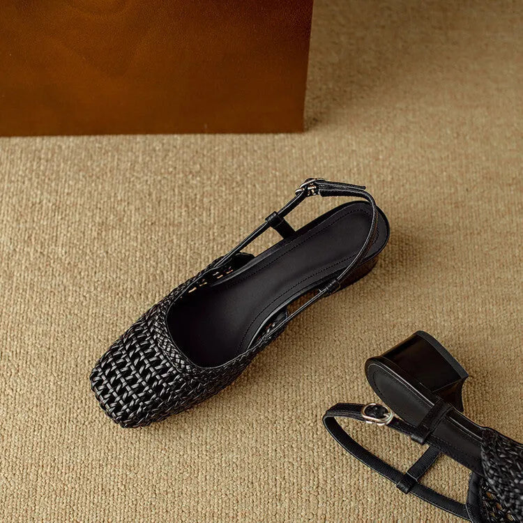 Women's beige woven hollow-out sandals with closed toe, buckle, and chunky 4cm heel on a rubber sole.