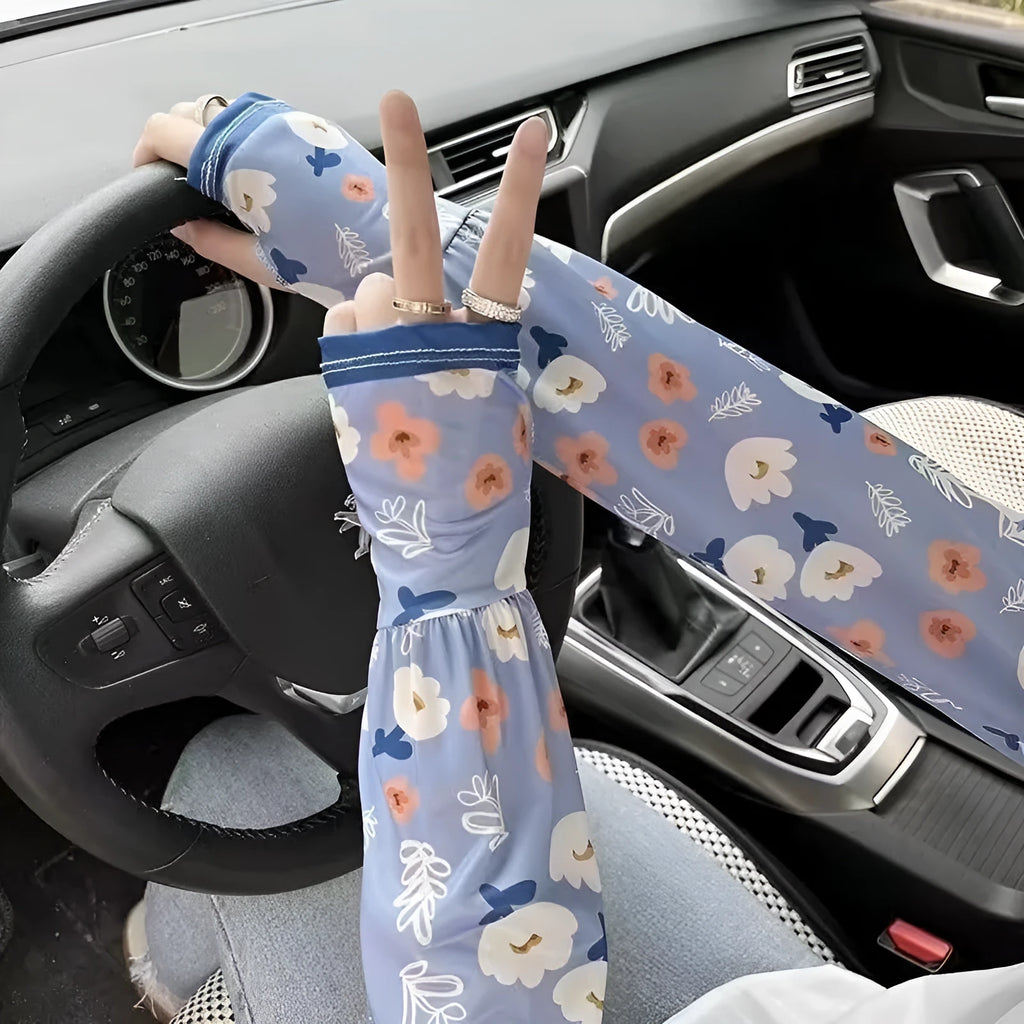 Ice silk UV protection sleeve gloves with printed floral pattern in free size for summer arm cooling