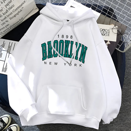 1898 Brooklyn New York printed polyester women hoodie in multiple colours including black, white, and red