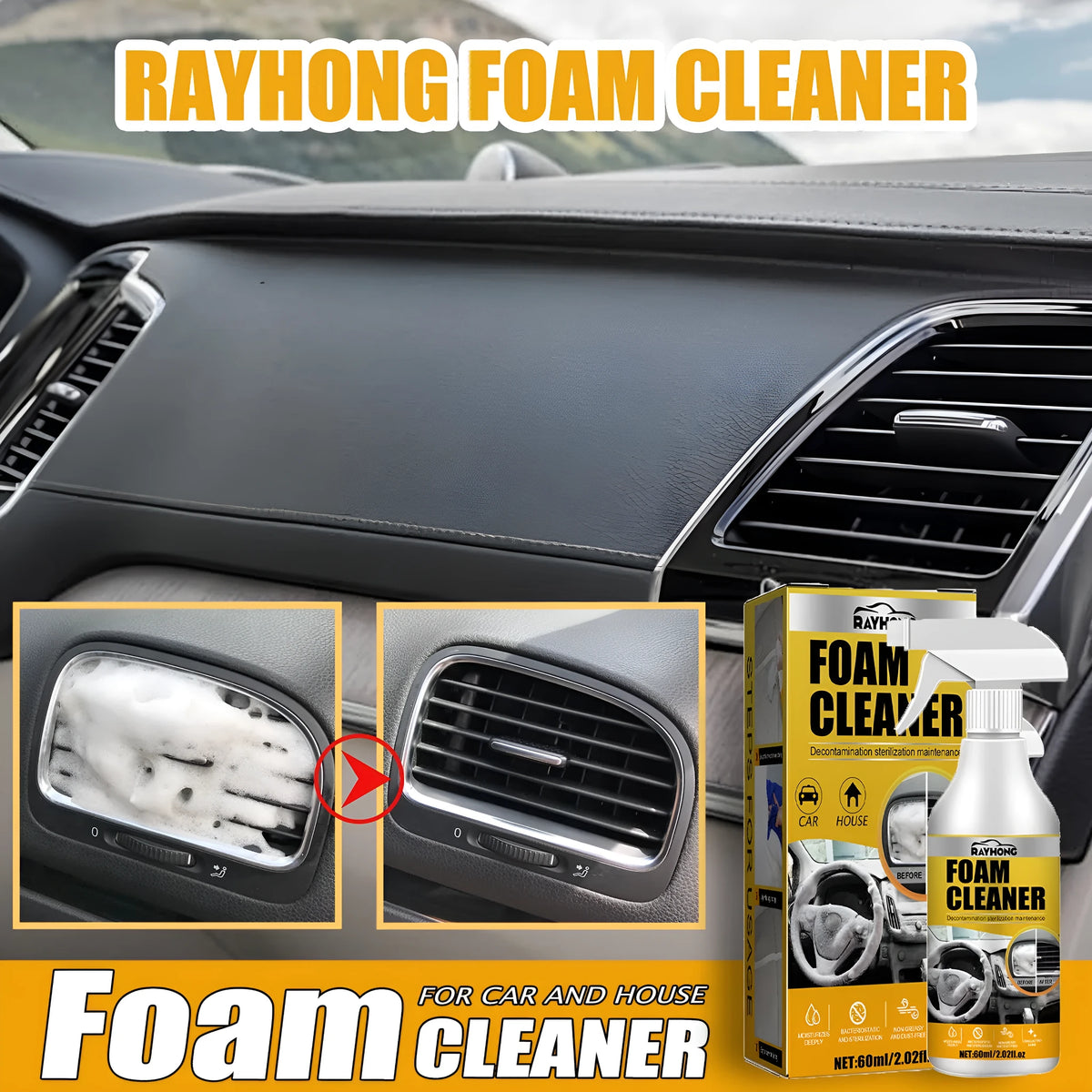 Car interior wash-free decontamination foamed cleaner 60ml in box with sponge