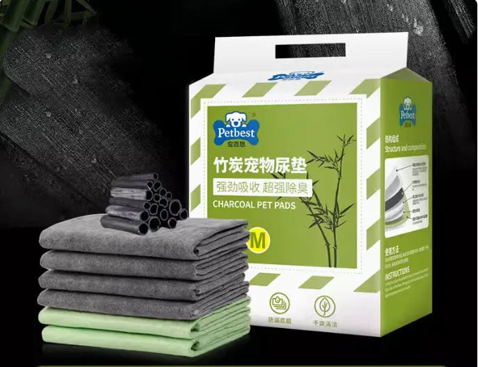 Pet urine pads showing four size options and six absorbent variant types for indoor dog toilet training