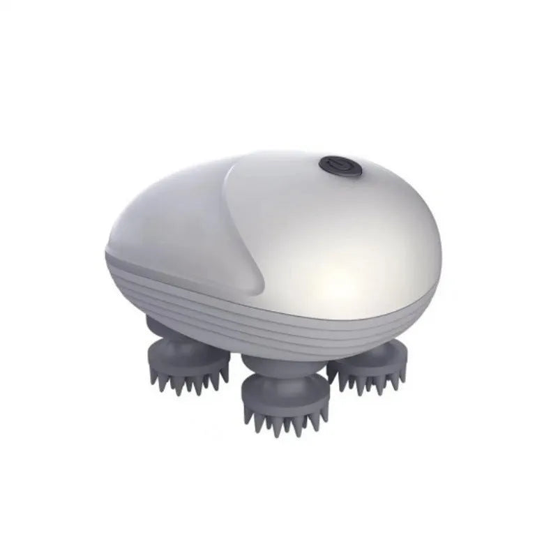 Blue handheld electric pet massager with four rotating heads on a white background.