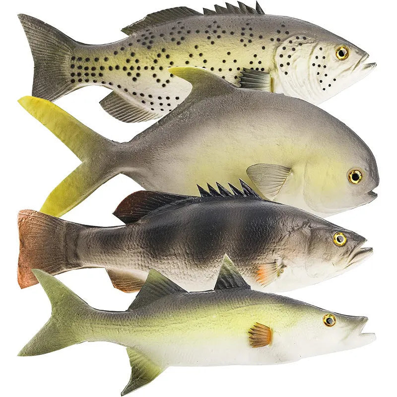 Three PU simulated tuna fish ornaments including yellow-fin tuna and small tuna varieties