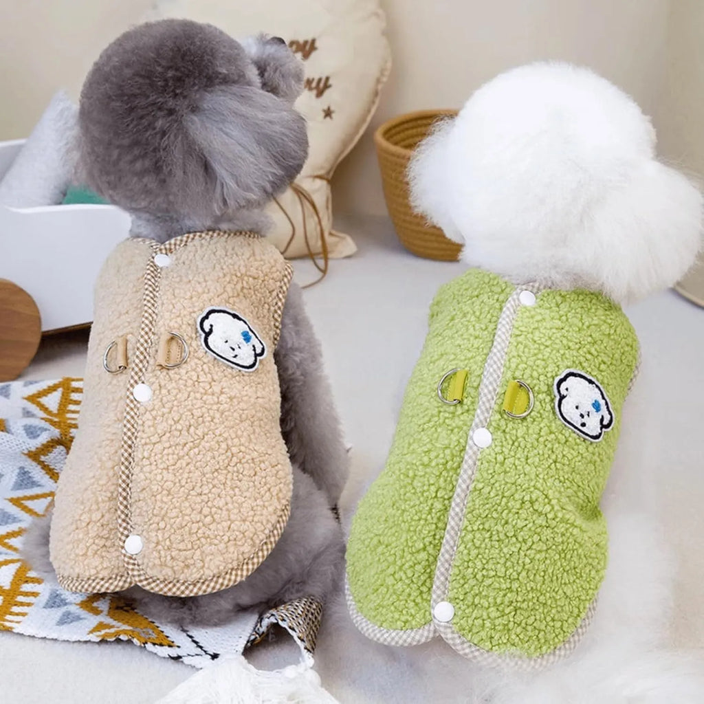 Green coral fleece dog sweatshirt vest with leash ring for winter wear