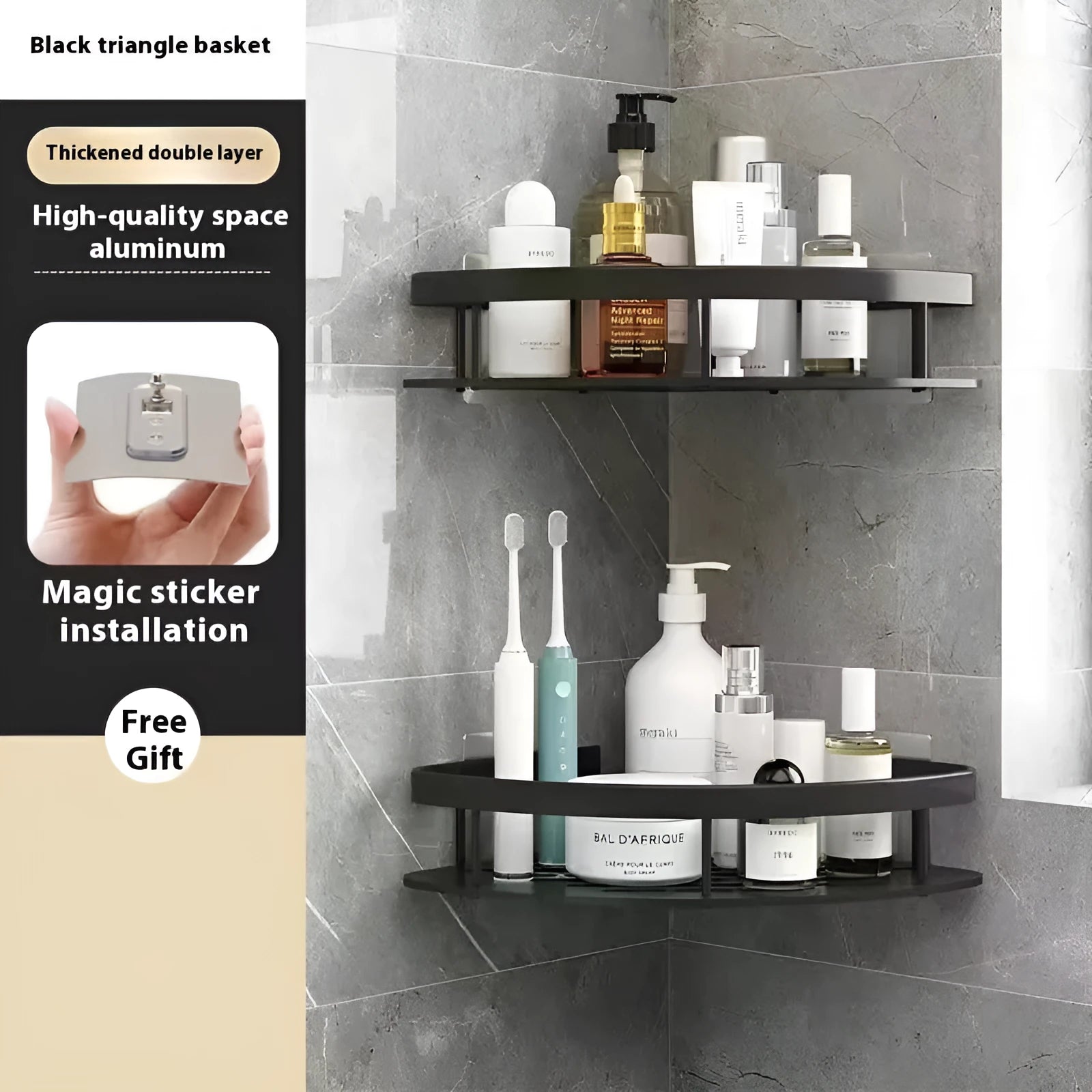 Black wall-mounted bathroom storage rack with multiple shelves and adhesive mounting