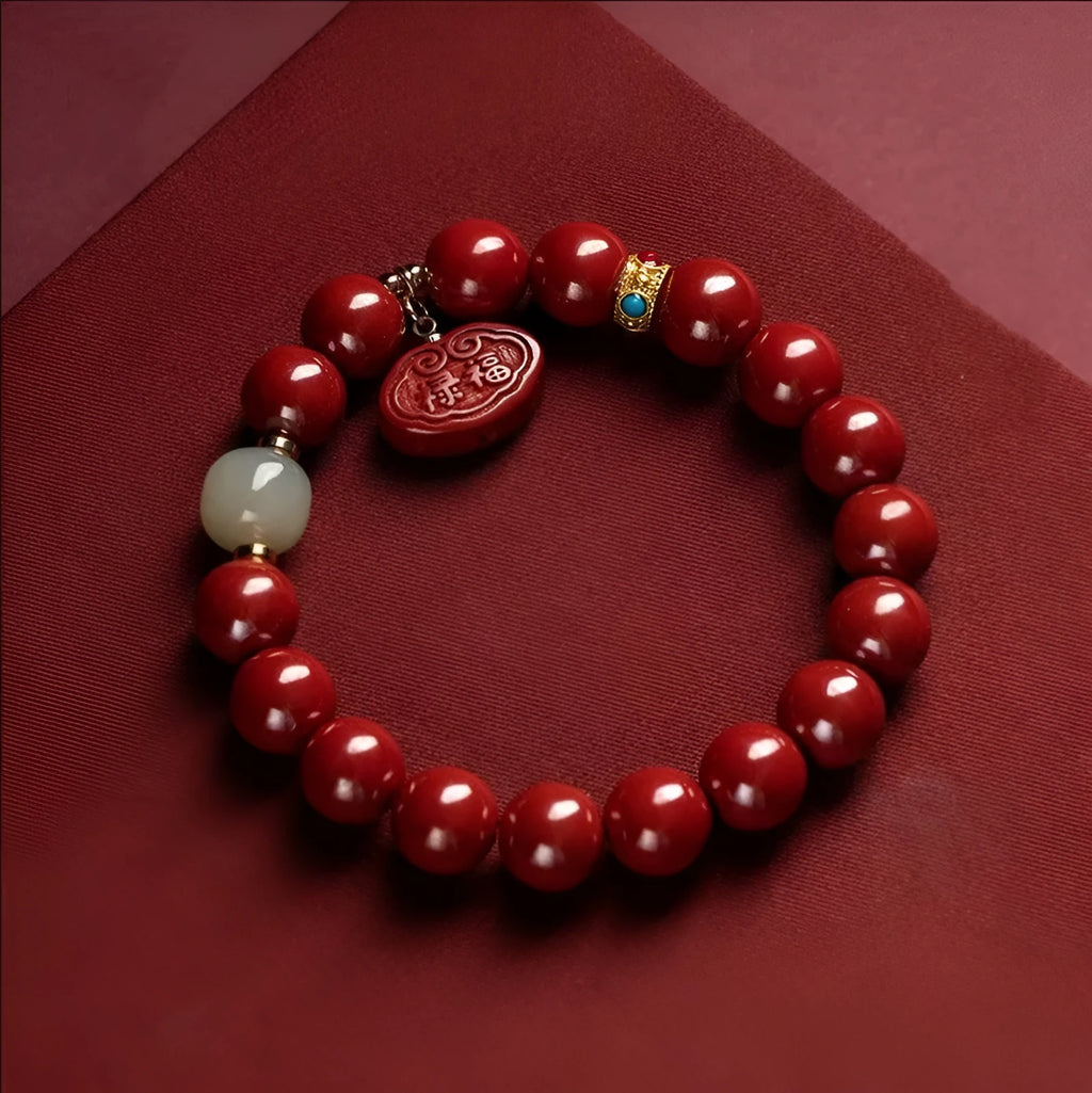 Natural cinnabar Emperor sandstone Ping An Fu Lu bracelet with 8mm and 10mm size options.