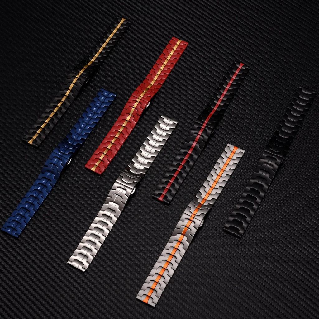 Stainless steel Samsung Galaxy Watch band in multiple colour options showing 20mm and 22mm universal sizes