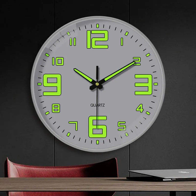 8 inch diameter luminous wall clock with modern plastic design in three colour options for living room or office