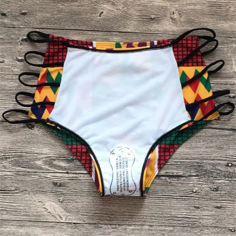 Women's high-waisted split bikini swimsuit with digital printing and backless design
