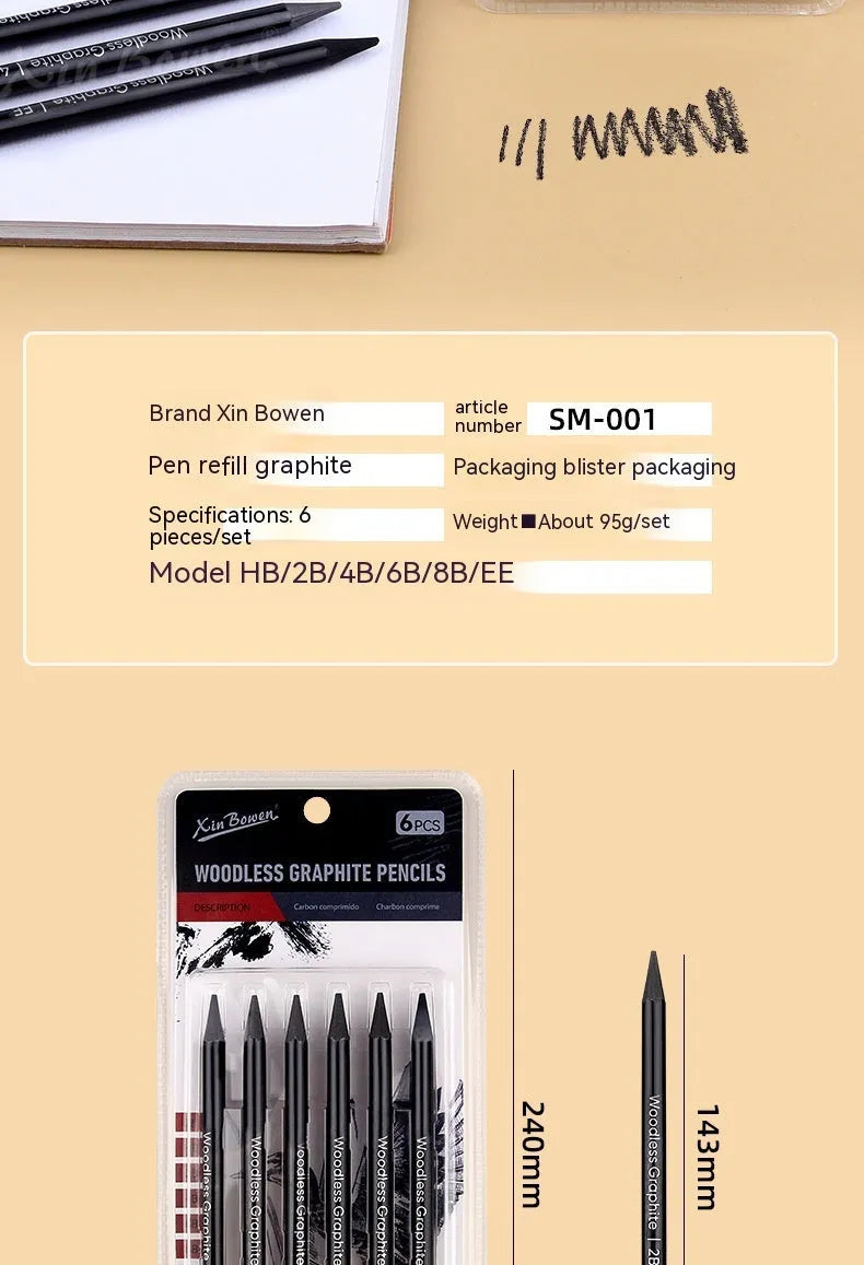 Wood-free graphite sketching pencil set showing six different grade pencils for art drawing