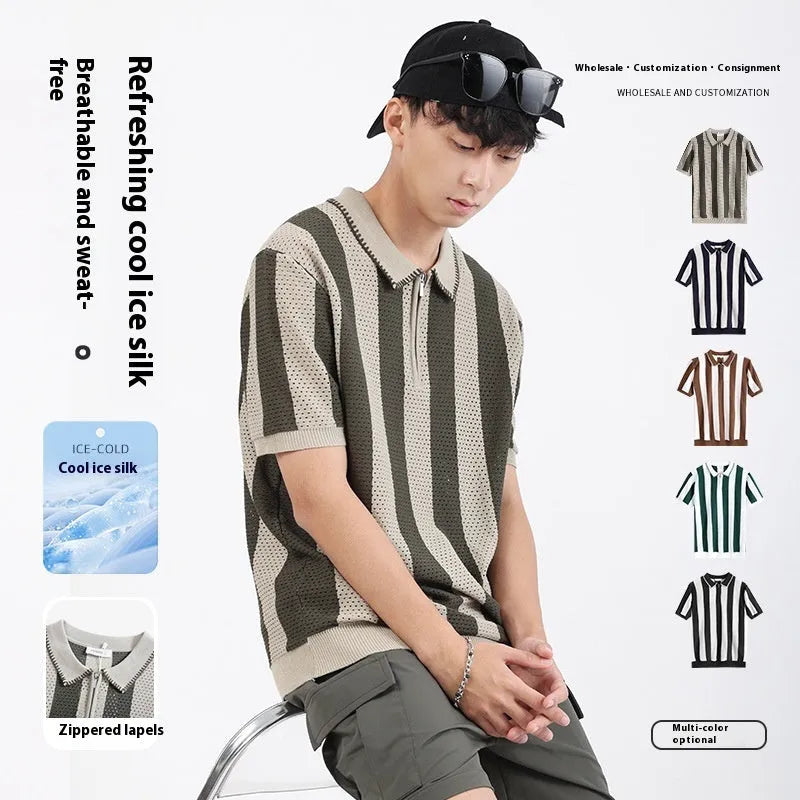 Men's striped short sleeve sweater in viscose ice silk with zipper decoration details
